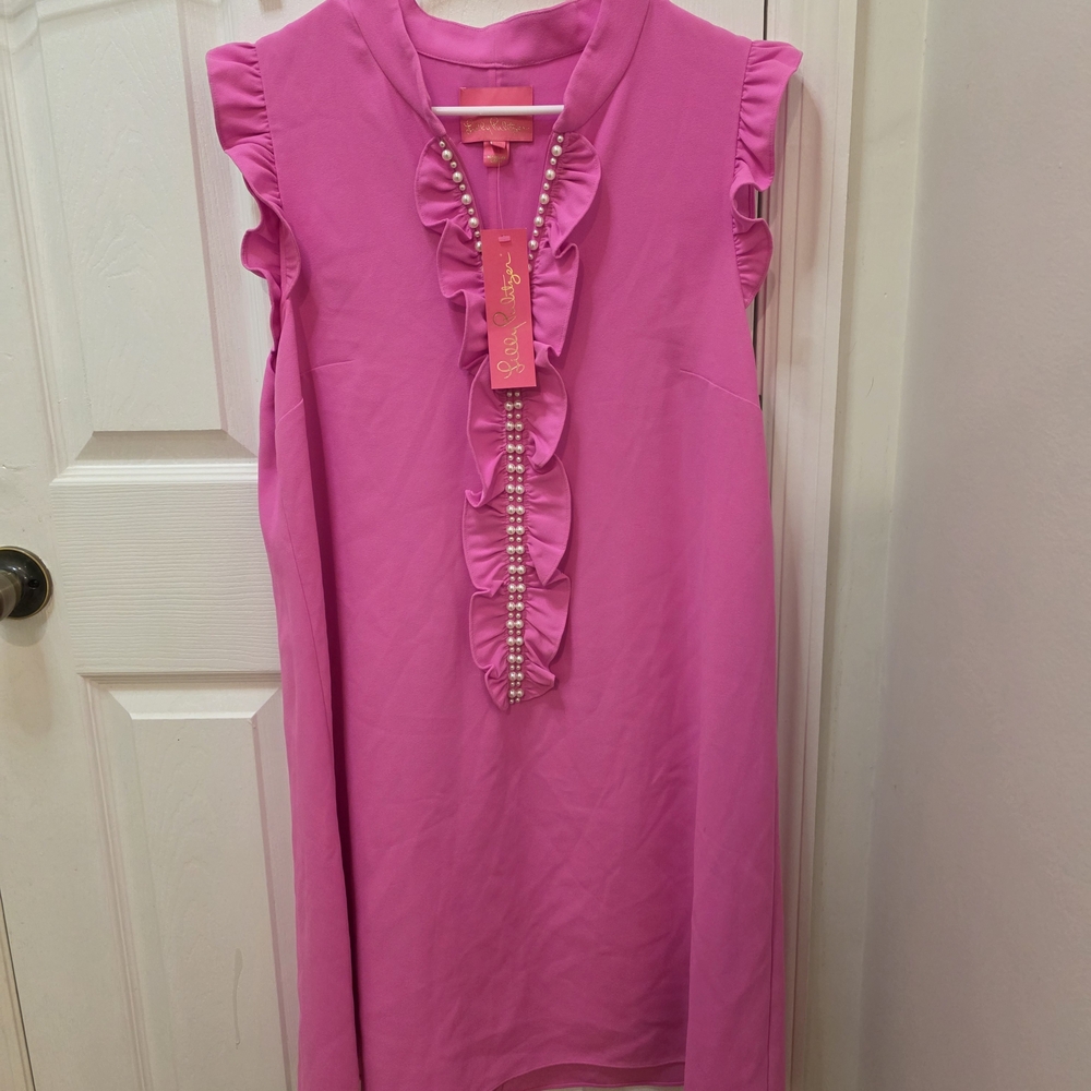 Lilly Pulitzer Hot Pink Sleeveless Ruffle Midi Dress with Pearl Detail